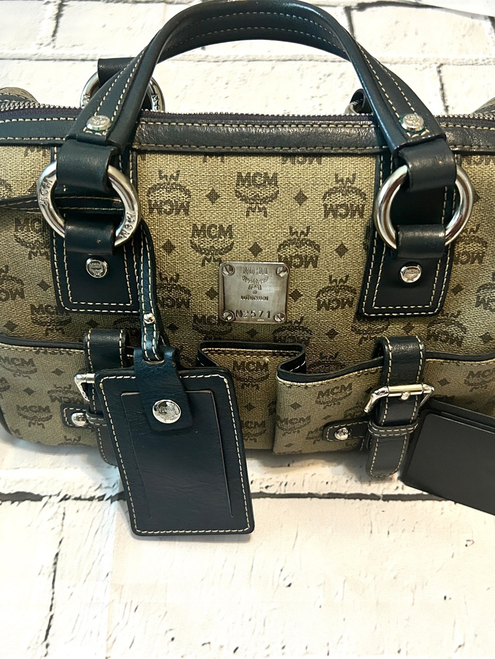 MCM Tan & Blue Logo-Print Boston Bag With Front Buckle Pockets & Luggage Tag